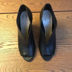 Black Leather V-Cut Ankle Bootie Heels